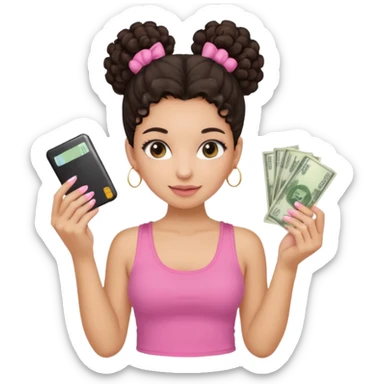 Uma menina com o cabelo cacheado com um Coque morena, e com uma regata rosa com unha em gel, é com Baby hair ,e com dinheiro na mão , sticker