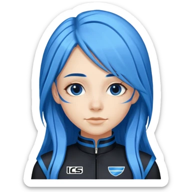 blue long hair woman with black racing outfit with blue strips sticker