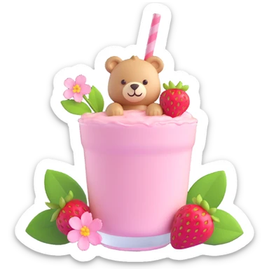 A strawberry milkshake cup with a straw, a cute bear peeking out, two strawberries with green leaves, and pink cherry blossom flowers, in 3D iOS style, pastel colors, soft shadows, clean and minimalistic design sticker