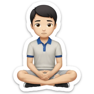 Cartoon Asian boy sitting cross-legged, clearly resting his closed fist against his cheek, looking thoughtful with a slight smirk. White polo, gray pants, black shoes, large eyes, short black hair. Clean vector style, flat colors, black background. sticker