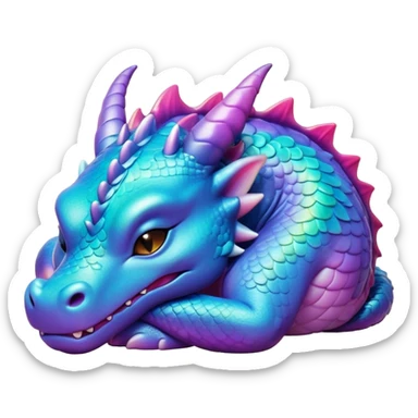 Meme-Worthy Cute Sleeping Dragon Portrait Emoji, Head resting peacefully with a contented smile, showcasing a sinuous, graceful build and a luxuriously soft, iridescent scaled body, eyes gently closed in serene, magical slumber, Simplified yet hilariously adorable features, highly detailed, glowing with a soft, drowsy mystical light, high shine, relaxed and utterly lovable, stylized with an air of playful fantasy, soft glowing outline, capturing the essence of a sleeping dragon that feels destined to become the next viral sensation of enchanted rest! sticker