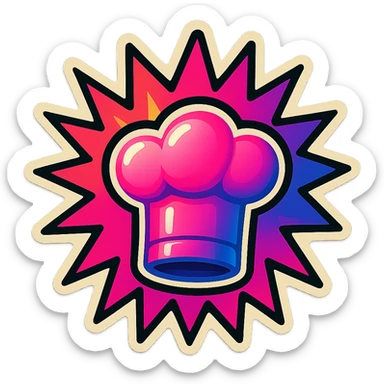 chef's hat, lot of colors explosions, playful and modern with gradient FF4D67, 9D34FF gradient, border black, vibrant, matching image reference  sticker