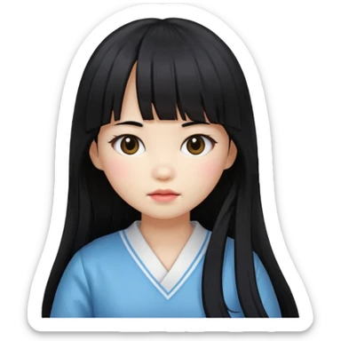 girl with long black hair, Korean style bangs, doll emoji style, slightly different expression sticker