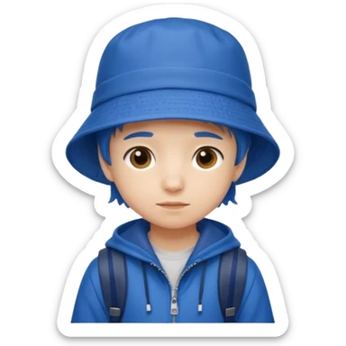 Little student wears blue bucket hat and jacket, backpack, shy sticker