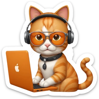 cat with sunglasses using a computer, apple emoji style sticker