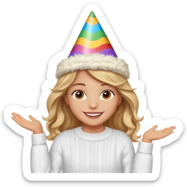 A pretty white girl with hazel brown eyes and long brown and blonde wavy hair in a cosy white knit sweater, she is celebrating her birthday and is happy sticker