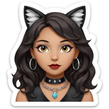 Add a silver O-ring to the collar and bold makeup. Keep medium Hispanic skin tone, long dark wavy hair, and cat ears. Maintain apple emoji style with transparent background. sticker