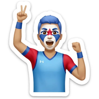 A man with half-blue, half-white face paint, shouting proudly while cheering sticker