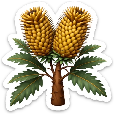 Cinematic Realistic Banksia Emoji, Bold and striking, with spiky, cylindrical flower heads covered in rich golden hues. The leaves are thick and leathery, adding a sense of strength to this unique and iconic tree. Soft glowing outline, capturing the essence of Australian ruggedness and floral beauty in a distinctive banksia tree! sticker