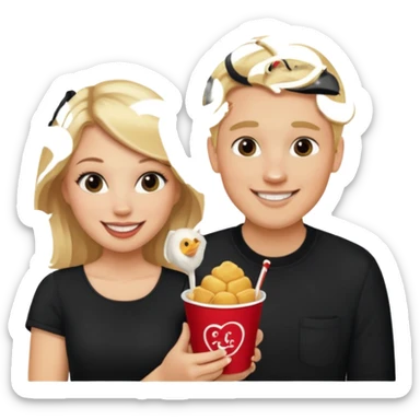 Couple with blonde hair wearing black eating chick filet  sticker