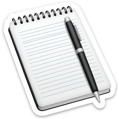 Front-facing notebook icon with a pen on the right side, minimal line-art, clean modern style, perfectly straight angle (no tilt), simple outlines, slightly 3D, no background, transparent, “documenting / journaling / tracking progress sticker