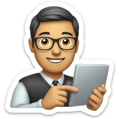 man wearing glasses and holding a computer in his right hand and signaling OK with his left hand sticker