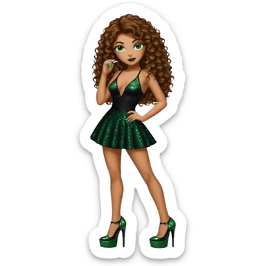 Half naked green eyes brown long curly hair woman, gang drug lord mafia boss style with 7 inch platform stripper high heels black glitter dress sticker