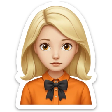 long blond hair not smiling woman with orange blouse bow collar sticker