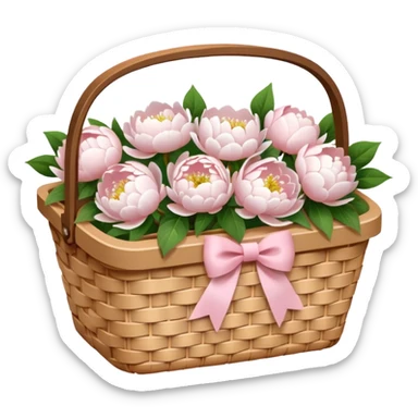 White Picnic basket with light pink bow and white peonies inside sticker