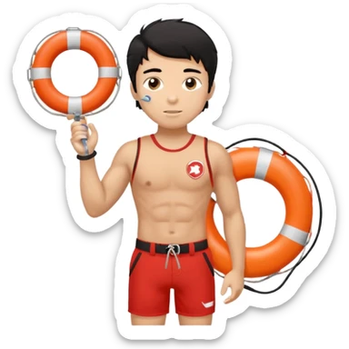 Tan Muscular lifeguard teen boy with rescue buoy and whistle messy black hair sticker