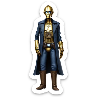 tarnished undercover tough well-equipped Jedi  life-sized darkblue-pearl C3po leather clothing pants and vest old west duster coat holding light saber sheriff sticker