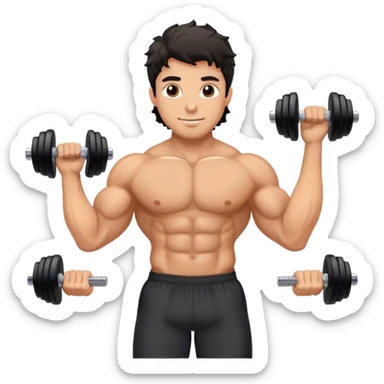 caucasian black haired wavy gym guy with dumbells sticker