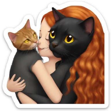 A black British cat with yellow eyes kisses a girl with red hair sticker