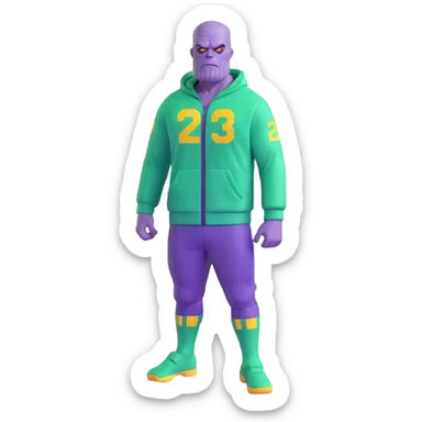 purple-skinned Thanos wearing a green Squid Game player tracksuit with number 230 sticker