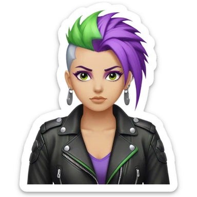 3D, create an image of an ultra detailed biker girl with a purple and green Mohawk wearing a black leather jacket with silver buttons sticker