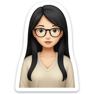 medium tan asian woman with long black hair past middle of back, round brown eyes, white v neck blouse. she has black thick frame glasses on. sticker
