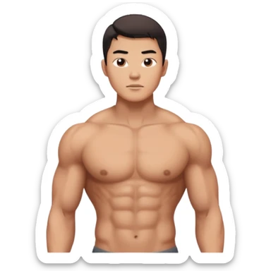 A standing buff shirtless asian guy with a really square jawline. Make his jawline extremely square and exaggerated. Also give him a middle part haircut sticker