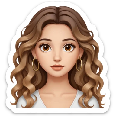 cute long haired wavy balayage haired girl, brown eyes, hoop earrings, clean natural girl makeup with gloss sticker