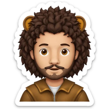 Make a guy with curly big dark browns hair and medium skin then give him lion ears and a little facial hair sticker