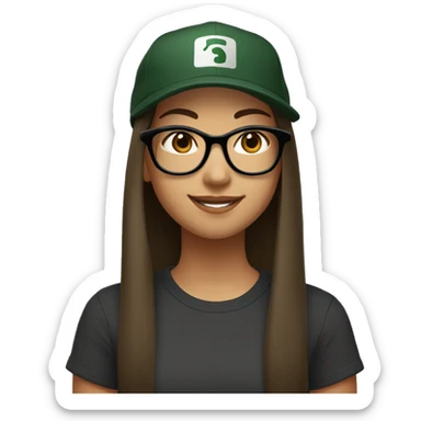 Look from side, asian girl, light skin, smiling with teeth, black eyes, spotted frame glasses, long brown straight hair with highlighted strands, black T-shirt, dark green cap. sticker