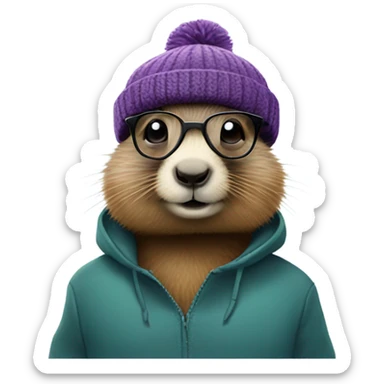 Marmot with hipster glasses and beanie sticker