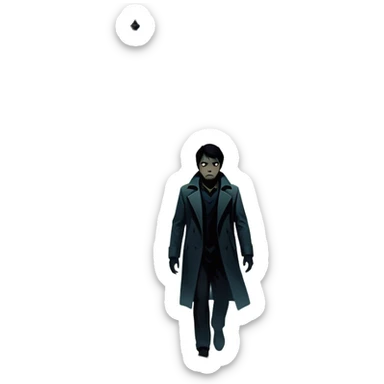 Icon for Thriller Movie: A dramatic movie poster-style design with dark, moody lighting. Include a shadowy figure, eerie silhouettes, and tense elements like a flickering street lamp, a lone figure walking through fog, and a tense cityscape. Intense, suspenseful atmosphere. Transparent background. sticker