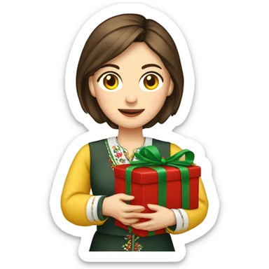 A female teacher in Ukrainian embroidery holds a gift in her hand sticker