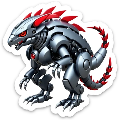 Futuristic mechanical cyborg modern badass cool shiny metallic alloy silver-grey obsidian-black crimson-red white animal Digimon Fakémon hybrid full body with intricate patterns sticker
