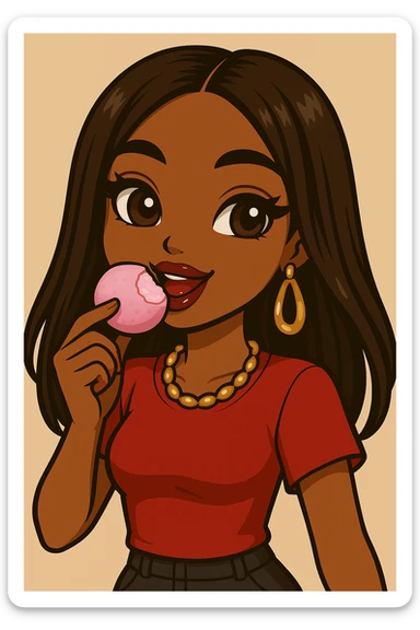Change the pose to eating pink mochi ice cream, headshot only, 20-year-old anime Bratz style woman with dark skin, straight hair, brown eyes, red shirt, trendy outfit, glossy lips, no hat, no tears, happy expression, both eyes open, looking straight ahead. sticker