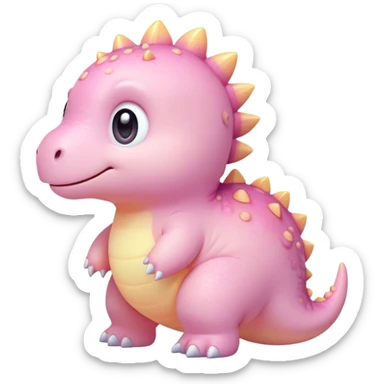Cinematic tiny pastel dinosaur, chubby round body, tiny feet, big sparkling eyes, soft glowing colors, happy and friendly expression, radiating warmth. sticker