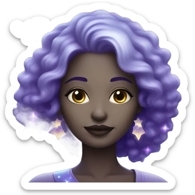white-skinned mystical woman with sparkling galaxy hair with moon and stars in purple and blue shades sticker
