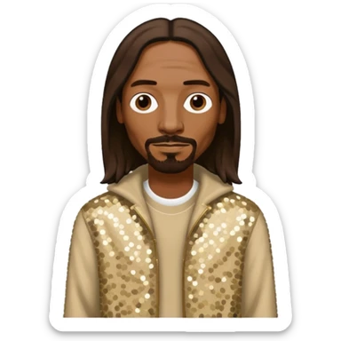 Snoop Dogg with long dark brown hair, beige sequin outfit sticker