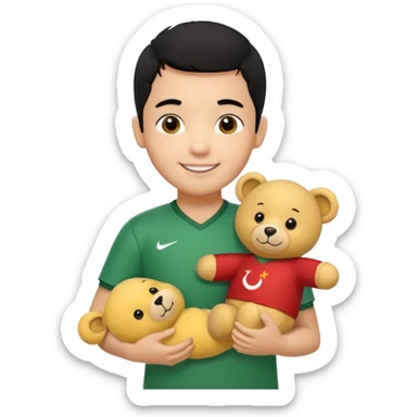 Une garçon qui a les cheveux noir qui sourit il a un maillot de l’algerie et qui a un doudou jaune sur son epaule un ours jaune qui a des habille noir sticker