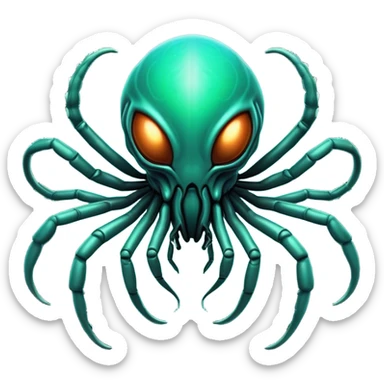 Clash of Clans aesthetic: Cinematic fierce arachnid Alien Emoji, rendered in a 3D vector-style similar to standard emojis with minimal shading and bold, simplified shapes. A compact, isometric, otherworldly creature with insectoid, organic details and subtle, eerie tentacles, softly glowing with a sinister alien charm. Simplified yet unmistakably iconic, highly detailed and consistent, glowing with a soft, spectral radiance and high shine. Stylized with a touch of bio-engineered mischief and a soft glowing outline, capturing the essence of a fearsome extraterrestrial menace with a playful twist! sticker