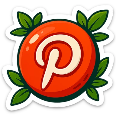 Very rounded, puffy Pinterest logo in cartoon style, thick outline, dramatic shadows, shiny highlights, surrounded by vivid leaves, no background. Focus on contours, shadows, and glossy effects, matching the reference style. sticker
