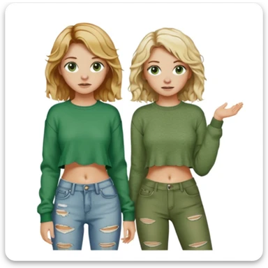 Two girls, both white, one with short wavy blonde hair and green eyes, dressed in punk Y2K fashion and the other with long wavy brown hair, brown eyes, freckles; and cozy green clothes  sticker