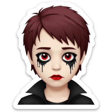 Happy pale Goth boy with shaggy brown hair, and messy black eyeliner , smudged, red, lipstick  sticker