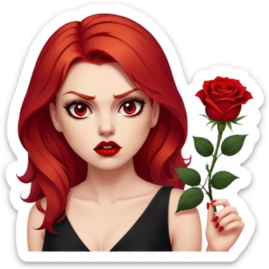 a beautiful very angry woman with red hair and red eyes. The woman wear a black little cutted dress. She have red lipstick and she have a seductive look. She have a rose flower in her hair. Angry face sticker