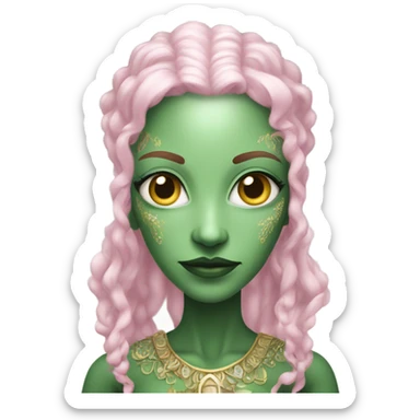 a green amazon alien woman in Victorian white gold pink hair full body  sticker