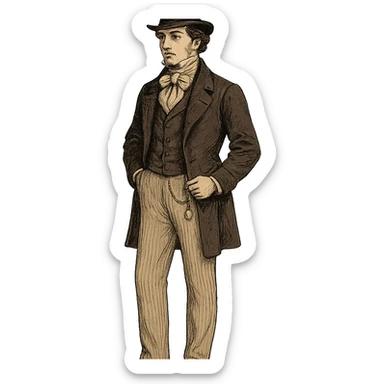 19th century gentleman standing, top hat, cravat, pocket watch, elegant shoes, full body, no background, stylized illustration sticker