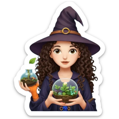 A long curly haired brunette girl with a moon, witch hat, holding a plant terrarium sticker