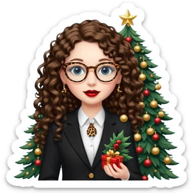 A girl with white pale skin, blue eyes, full lips, brunette long curly hair. She has a leopard print round-ish shaped glasses. She is wearing a all black suit. And she has red lipstick. She is putting gold ornaments happily to a christmas tree. sticker