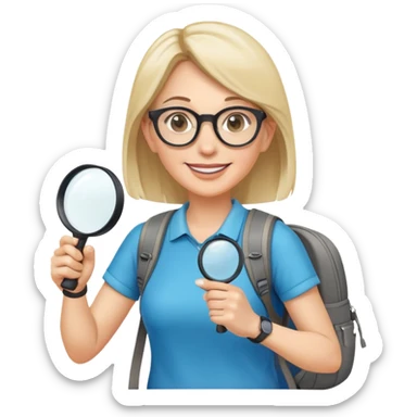 Happy woman in her 40s with glasses, sporty outfit, backpack, holding only one magnifying glass in one hand sticker