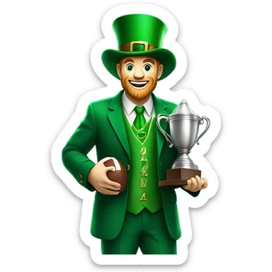 A leprechaun holding a football trophy sticker